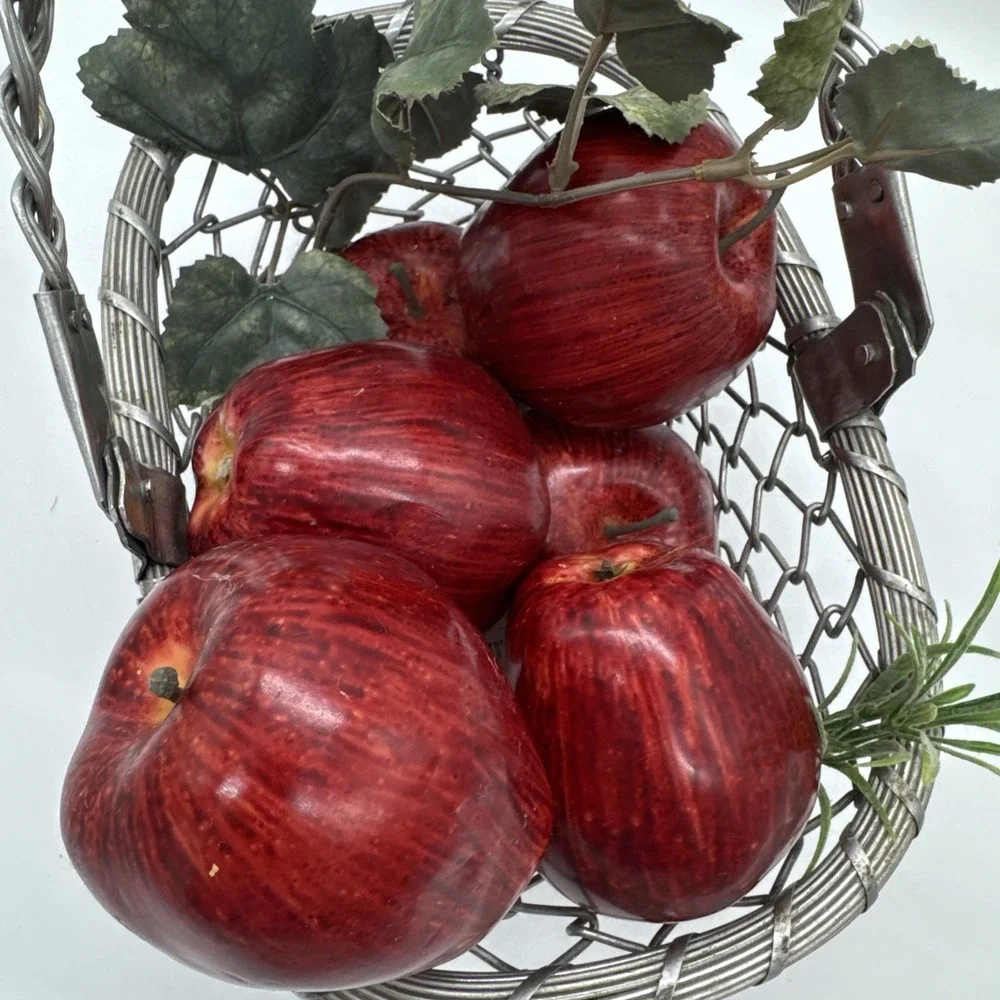 Silver Basket Woven Metal Hinged Handle Natural Patina India W/ Faux Apples